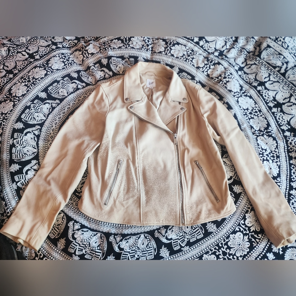 Cream Leather Moto Jacket